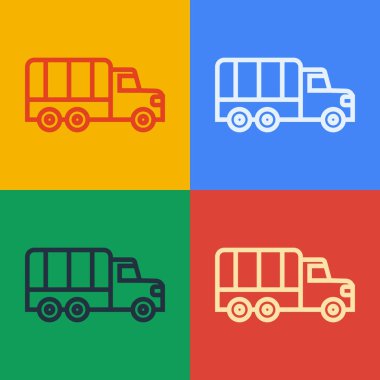 Pop Art Line Askeri Kamyon ikonu renkli arka planda izole edildi. Vektör.