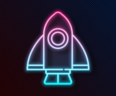 Parlayan neon hattı Roket gemisi simgesi siyah arkaplanda izole edildi. Uzay yolculuğu. Vektör.