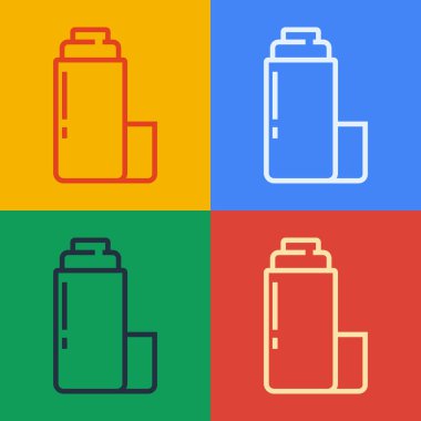 Pop sanat eseri termos konteynır simgesi renk arkaplanında izole edildi. Termo matara ikonu. Kamp ve yürüyüş ekipmanları. Vektör.