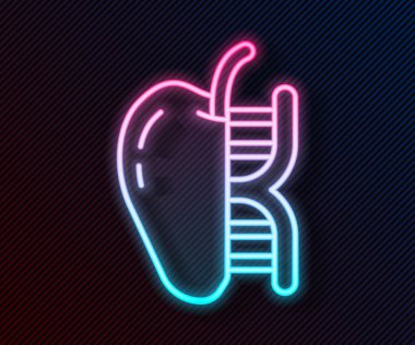 Parlayan neon hattı, siyah arka planda genetik olarak değiştirilmiş elma ikonu izole edildi. GDO meyvesi. Vektör.