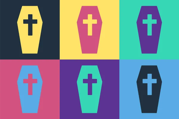 Pop Art Sarg Mit Christlichem Kreuz Auf Farbigem Hintergrund Frohe — Stockvektor