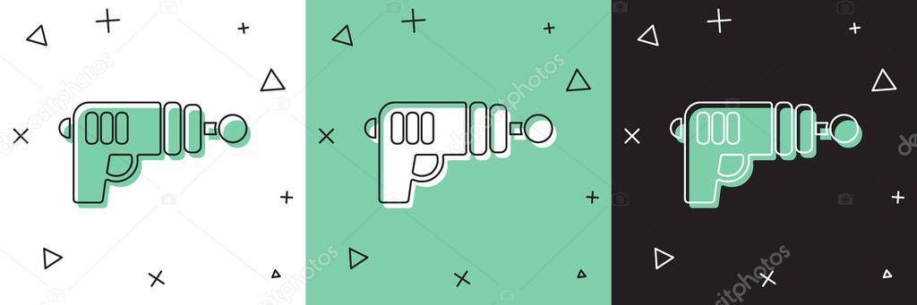 Set Ray gun icon isolated on white and green, black background. Laser weapon. Space blaster.  Vector.