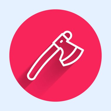 Beyaz çizgi tahta balta ikonu uzun gölgeli izole edilmiş. Oduncu baltası. Kırmızı daire düğmesi. Vektör.