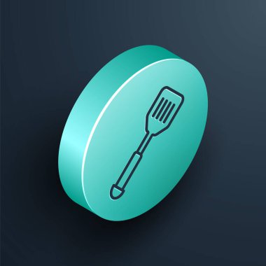 Isometric line Spatula simgesi siyah arkaplanda izole edildi. Mutfak spatula ikonu. Barbekü spatula işareti. Barbekü ve ızgara aleti. Turkuaz daire düğmesi. Vektör.