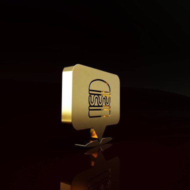 Gold Online sipariş ve hamburger dağıtım ikonu kahverengi arka planda izole edildi. Minimalizm kavramı. 3d illüstrasyon 3B canlandırma.