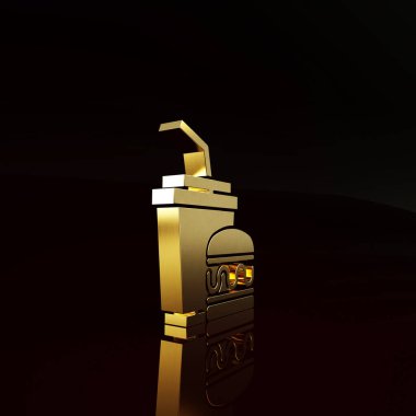 Kahverengi zemin üzerinde saman ve burger ikonu bulunan altın kağıt bardaklar. Soda su içme tabelası. Hamburger, çizburger sandviçi. Minimalizm kavramı. 3d illüstrasyon 3B canlandırma.