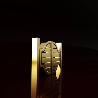 Gold Old Western sallanan salon kapısı simgesi kahverengi arka planda izole edilmiş. Minimalizm kavramı. 3d illüstrasyon 3B canlandırma.