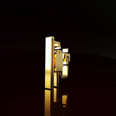 Kahverengi arkaplanda altın serumlu çanta simgesi var. Kan torbası. Kan bağışı konsepti. Tedavi ve terapi kavramı, kemoterapi. Minimalizm kavramı. 3d illüstrasyon 3B canlandırma.