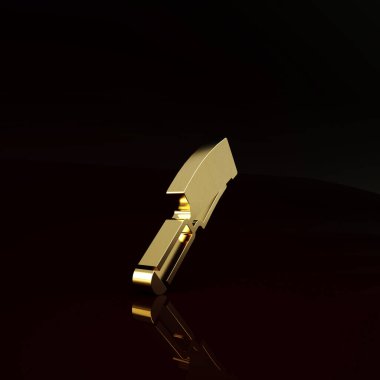 Altın Et Helikopteri simgesi kahverengi arka planda izole edildi. Kasap bıçağı. Et için mutfak bıçağı. Kasap bıçağı. Minimalizm kavramı. 3d illüstrasyon 3B canlandırma.