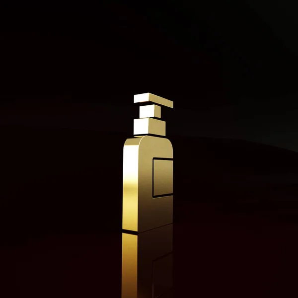 茶色の背景に隔離されたシャンプーアイコンのゴールドボトル 最小限の概念 3Dイラスト3Dレンダリング — ストック写真
