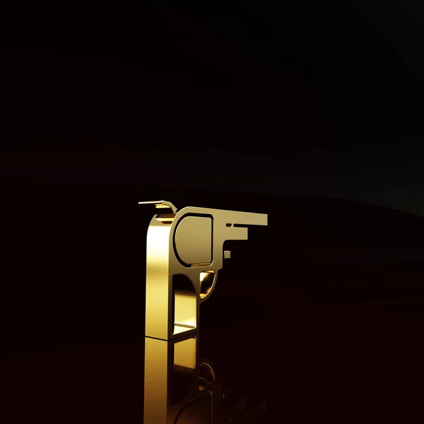 Gold Revolver gun icon isolated on brown background. Minimalism concept. 3d illustration 3D render.