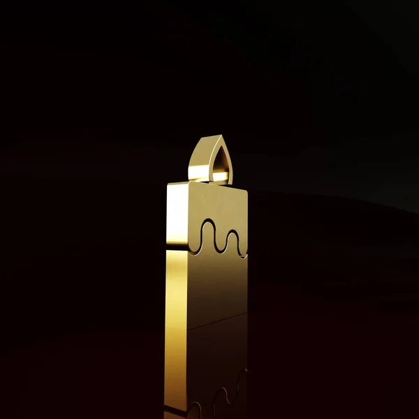 金色燃烧的蜡烛图标孤立在棕色背景上 圆柱形芳香的蜡烛和燃烧的火焰粘在一起 万圣节快乐派对最低纲领的概念 3D渲染3D插图 — 图库照片