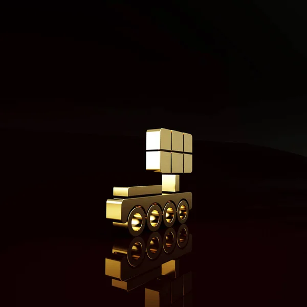 Gold Mars rover icon isolated on brown background. Space rover. Moonwalker sign. Apparatus for studying planets surface. Minimalism concept. 3d illustration 3D render.