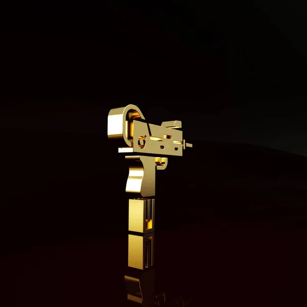 Gold UZI submachine gun icon isolated on brown background. Automatic weapon. Minimalism concept. 3d illustration 3D render.