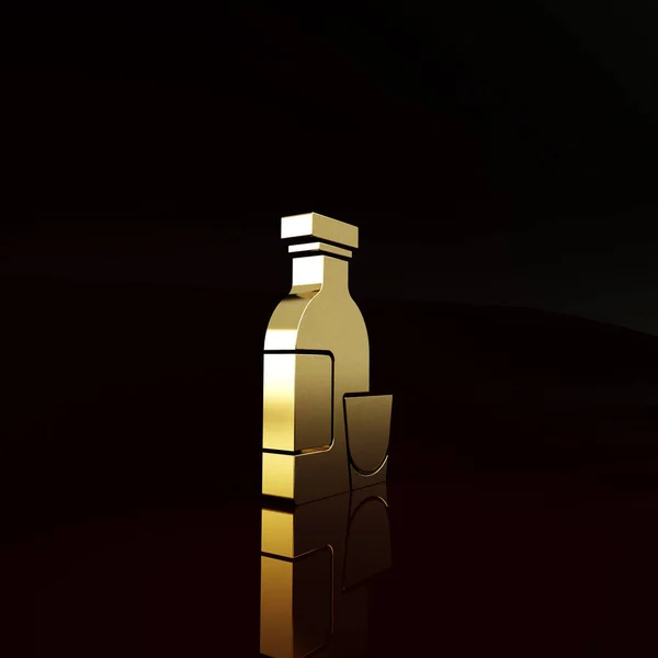 Gold Alcohol drink Rum bottle and glass icon isolated on brown background. Minimalism concept. 3d illustration 3D render.