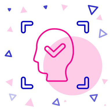 Beyaz arkaplanda işaretleme simgesi olan satır yüz tanıma. Yüz tanımlama simgesi. Yüz tanıma. Siber güvenlik kavramı. Renkli taslak konsepti. Vektör.