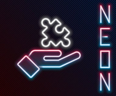 Siyah zemin üzerinde izole edilmiş psikoloji ikonundaki soruna parlayan neon hattı çözümü. Bulmaca. Akıl sağlığı terapisi. Renkli taslak konsepti. Vektör.