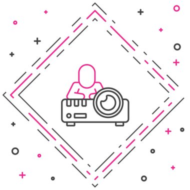 Çizgi Sunumu, Film, Film, Medya Projektörü simgesi beyaz arkaplanda izole edildi. Renkli taslak konsepti. Vektör.