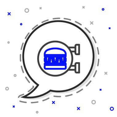 Çevrimiçi sipariş ve hamburger dağıtım simgesi beyaz arka planda izole edildi. Renkli taslak konsepti. Vektör.