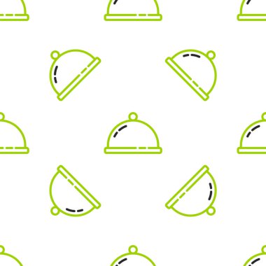 Beyaz arka planda izole edilmiş yemek ikonu tepsisiyle kaplı bir hat. Tepsi ve kapak işareti. Kapaklı bir restoran saati. Vektör.