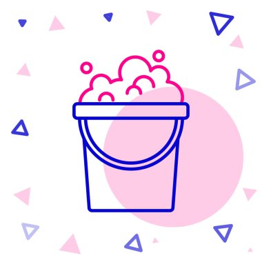 Sabun köpüğü simgesi içeren çizgi kovası beyaz arkaplanda izole edildi. Sulu kase. Çamaşır yıkama, temizlik malzemeleri. Renkli taslak konsepti. Vektör.