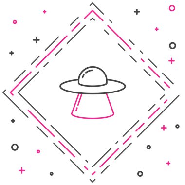 UFO uçan uzay gemisi simgesi beyaz arkaplanda izole edildi. Uçan daire. Uzaylı uzay gemisi. Gelecekteki bilinmeyen uçan nesne. Renkli taslak konsepti. Vektör.