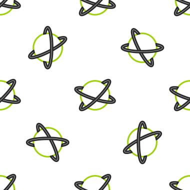 Dış uzay ikonunda Dünya 'nın yörüngesinde dönen Çizgi Yapay uydular beyaz arkaplanda izole edilmiş kusursuz desen. İletişim, navigasyon konsepti. Vektör.