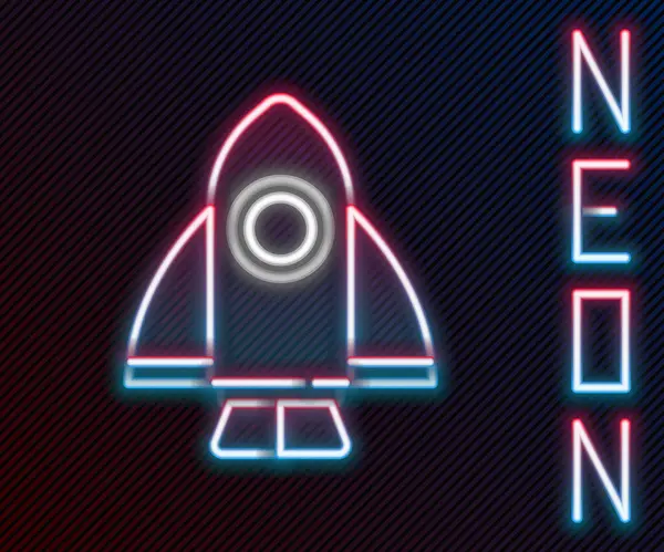 Świecąca Neonowa Ikona Statku Rakietowego Odizolowana Czarnym Tle Podróż Kosmiczna — Wektor stockowy
