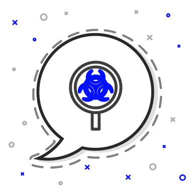 Çizgi Biyolojik Tehlike ve büyüteç ikonu beyaz arka planda izole edildi. Renkli taslak konsepti. Vektör.