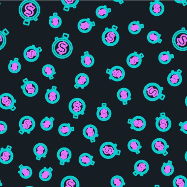 Çizgi Zamanı para simgesidir. Siyah arkaplanda izole edilmiş kusursuz desen. Para zamandır. Etkili zaman yönetimi. Zamanı paraya çevir. Kronometre işareti. Vektör.