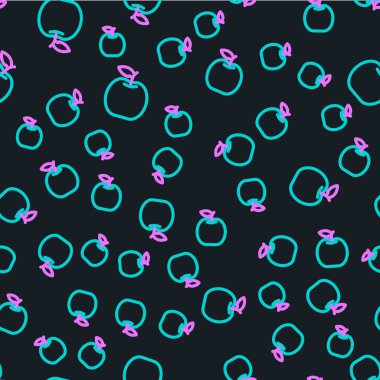 Çizgi Elması simgesi siyah arkaplanda kusursuz desen izole etti. Yaprak sembollü meyve. Vektör.