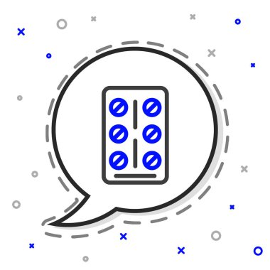 Kabarcık torbası ikonundaki çizgi hapları beyaz arka planda izole edilmiş. İlaç paketi. Tablet, vitamin, antibiyotik, aspirin. Renkli taslak konsepti. Vektör.