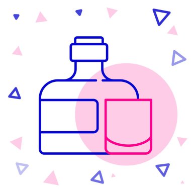 Çizgi viski şişesi ve cam ikon beyaz arka planda izole edilmiş. Renkli taslak konsepti. Vektör.