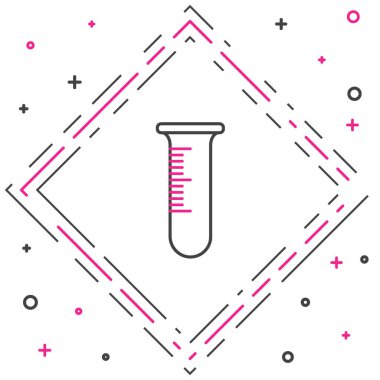 Beyaz arkaplanda çizgi test tüpü ve matara simgesi izole edildi. Kimyasal laboratuvar testi. Laboratuvar camları. Renkli taslak konsepti. Vektör İllüstrasyonu.