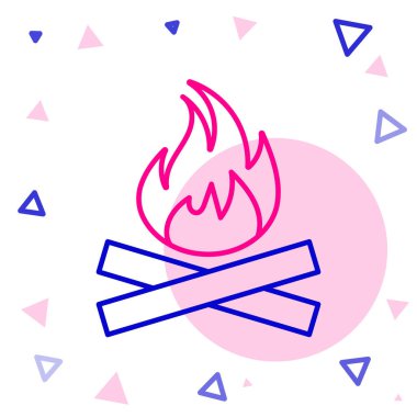 Kamp ateşi çizgisi simgesi beyaz arkaplanda izole edildi. Odunla yanan şenlik ateşi. Renkli taslak konsepti. Vektör İllüstrasyonu.