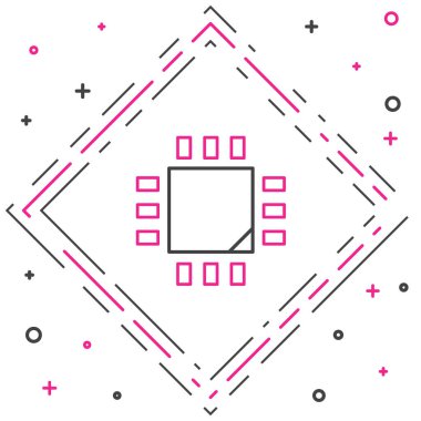 Beyaz arkaplanda mikro devre işlemci simgesi olan çizgi bilgisayar işlemcisi izole edildi. Devre kartlı çip ya da işlemci. Mikro işlemci. Renkli taslak konsepti. Vektör İllüstrasyonu.