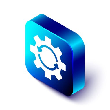 Isometric Gear ve oklar iş akışı konsepti simgesi olarak beyaz arkaplanda izole edildi. Vites doldurma tabelası. Mavi kare düğme. Vektör İllüstrasyonu.