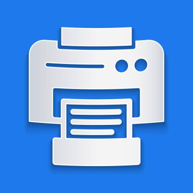 Kağıt kesiği yazıcı simgesi mavi arkaplanda izole edildi. Kağıt sanatı tarzı. Vektör İllüstrasyonu.