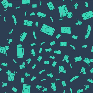 Soda kutusunu saman, kokteyl, termos kabı ve Hotdog sandviçiyle kusursuz bir şekilde hazırla. Vektör.