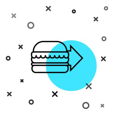 Siyah çizgi çevrimiçi sipariş ve hamburger dağıtım ikonu beyaz arka planda izole edildi. Rastgele dinamik şekiller. Vektör İllüstrasyonu.