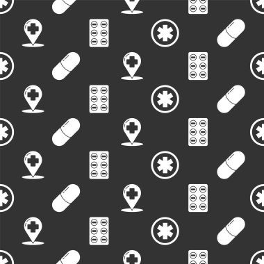 Acil servisin, ilaç hapının ya da tabletin tıbbi sembolünü, çapraz hastaneli harita işaretçisini ve pürüzsüz desenli hapları yerleştirin. Vektör.