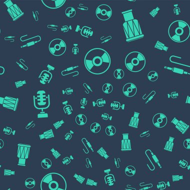 CD veya DVD diski, Drum, Mikrofon ve Ses oynatıcısını pürüzsüz desene ayarla. Vektör.