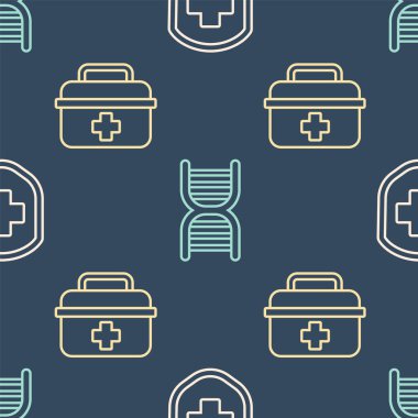 Hat tıbbi kalkanını haç, ilk yardım çantası ve DNA sembolünü pürüzsüz desene göre ayarla. Vektör.