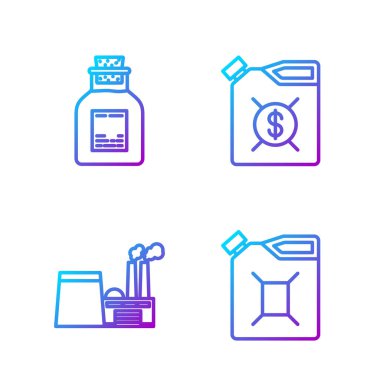 Benzin, petrol endüstrisi fabrika binası, petrol petrol test tüpü ve motor yağı için teneke kutu ayarlayın. Renk simgeleri. Vektör.