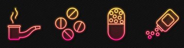 İlaç hapı ya da tablet, tüttürme piposu, ilaç hapı ya da tablet ve ilaç şişesi ve hapları hazırlayın. Parlayan neon ikonu. Vektör.