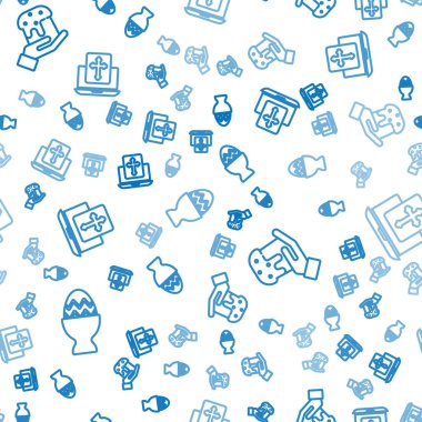 Kürsüye Paskalya yumurtası, insan eli, paskalya pastası ve Cross 'u dizüstü bilgisayar ekranına kusursuz bir şekilde yerleştirin. Vektör.