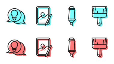 Satır İşaretleyici kalem, fikir kavramına sahip ampul, grafik tableti ve boya fırçası simgesini ayarla. Vektör.
