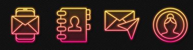 Satır Zarfı, Mobil ve Zarf, Adres Defteri ve Hesap Ekranı Oluştur. Parlayan neon ikonu. Vektör.