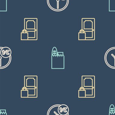 Saati 24 saat, siparişi ve teslimatı ve alışveriş poşetini kusursuz bir şekilde ayarla. Vektör.