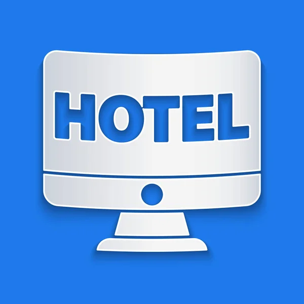 Carta Tagliata Online Hotel Booking Icon Isolato Sfondo Blu Concetto — Vettoriale Stock